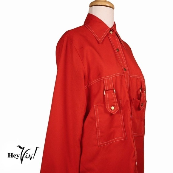 Vintage 60s Dress Barn Snap Front Red Blouse 14 Top Stitching Paper Tag -Hey Viv - Picture 4 of 7